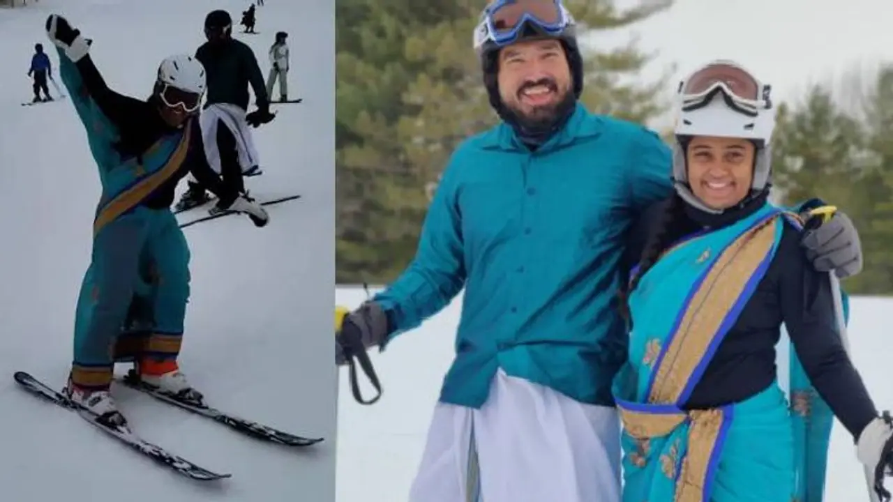 മുണ്ടും സാരിയും ചുറ്റി മഞ്ഞിലൂടെ സ്കീയിംഗ് ചെയ്ത് ദമ്പതികൾ; വൈറലായി വീഡിയോ മുണ്ടും സാരിയും ചുറ്റി മഞ്ഞിലൂടെ സ്കീയിംഗ് ചെയ്ത് ദമ്പതികൾ; വൈറലായി വീഡിയോ