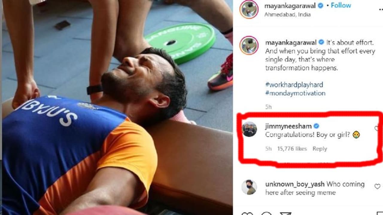 ஒர்க் அவுட் ஃபோட்டோவை போட்ட மயன்க் அகர்வாலை மரண கலாய் கலாய்த்த ஜிம்மி நீஷம்..! ஒர்க் அவுட் ஃபோட்டோவை போட்ட மயன்க் அகர்வாலை மரண கலாய் கலாய்த்த ஜிம்மி நீஷம்..!