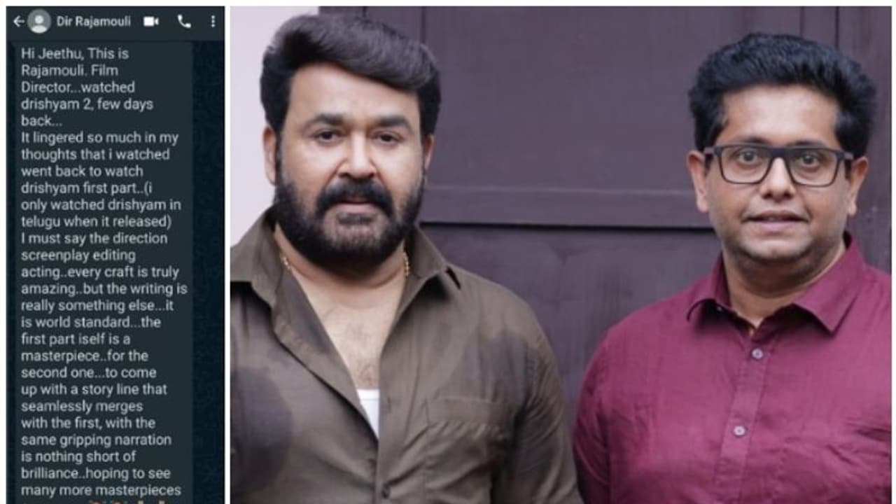 'ദൃശ്യം 2 മാസ്റ്റര്പീസ്', മോഹൻലാലിനെയും ജീത്തു ജോസഫിനെയും അഭിനന്ദിച്ച് എസ് എസ് രാജമൗലി 'ദൃശ്യം 2 മാസ്റ്റര്പീസ്', മോഹൻലാലിനെയും ജീത്തു ജോസഫിനെയും അഭിനന്ദിച്ച് എസ് എസ് രാജമൗലി