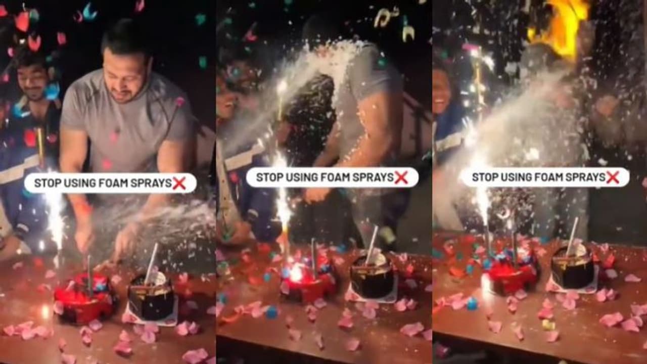 ജന്മദിനാഘോഷം കളറാക്കാന് 'ഫോം സ്പ്രേ'; യുവാവിന്റെ മുഖത്ത് തീ പിടിച്ചു വീഡിയോ ജന്മദിനാഘോഷം കളറാക്കാന് 'ഫോം സ്പ്രേ'; യുവാവിന്റെ മുഖത്ത് തീ പിടിച്ചു വീഡിയോ