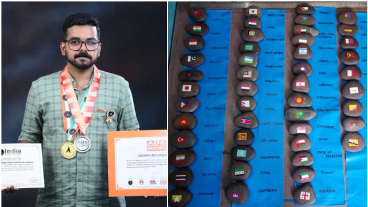 ഒറ്റക്കണ്ണുകൊണ്ട് കല്ലുകള്ക്ക് നിറമേകി, 10 മണിക്കൂർ കൊണ്ട് 48 രാജ്യങ്ങളുടെ പതാകകൾ വരച്ച് ശരണ് ഒറ്റക്കണ്ണുകൊണ്ട് കല്ലുകള്ക്ക് നിറമേകി, 10 മണിക്കൂർ കൊണ്ട് 48 രാജ്യങ്ങളുടെ പതാകകൾ വരച്ച് ശരണ്