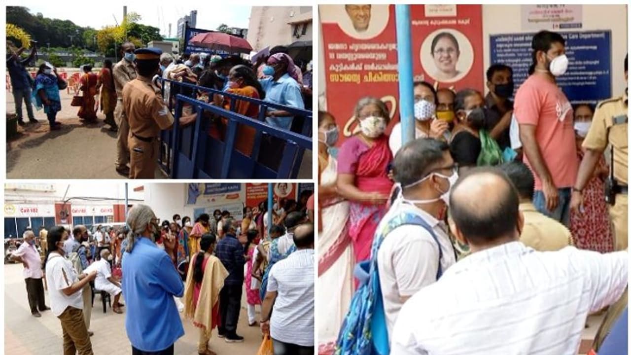 നിർദ്ദേശങ്ങൾ കാറ്റിൽ പറത്തി നീണ്ട നിര, പാലക്കാട്ടും എറണാകുളത്തും വാക്സീൻ കേന്ദ്രങ്ങളിൽ തിരക്ക് നിർദ്ദേശങ്ങൾ കാറ്റിൽ പറത്തി നീണ്ട നിര, പാലക്കാട്ടും എറണാകുളത്തും വാക്സീൻ കേന്ദ്രങ്ങളിൽ തിരക്ക്