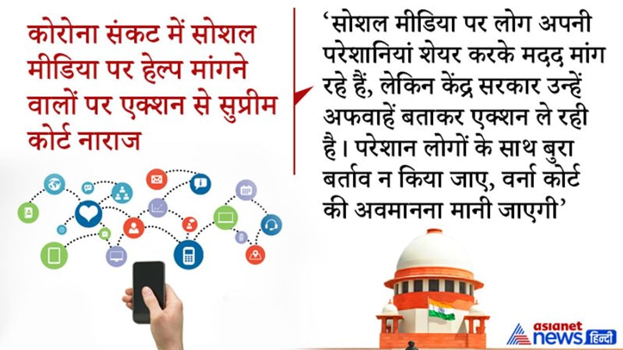 कोरोना संकट में सोशल मीडिया पर मदद मांगने वालों के खिलाफ FIR से SC नाराज दुबारा ऐसा नहीं होना चाहिए कोरोना संकट में सोशल मीडिया पर मदद मांगने वालों के खिलाफ FIR से SC नाराज दुबारा ऐसा नहीं होना चाहिए