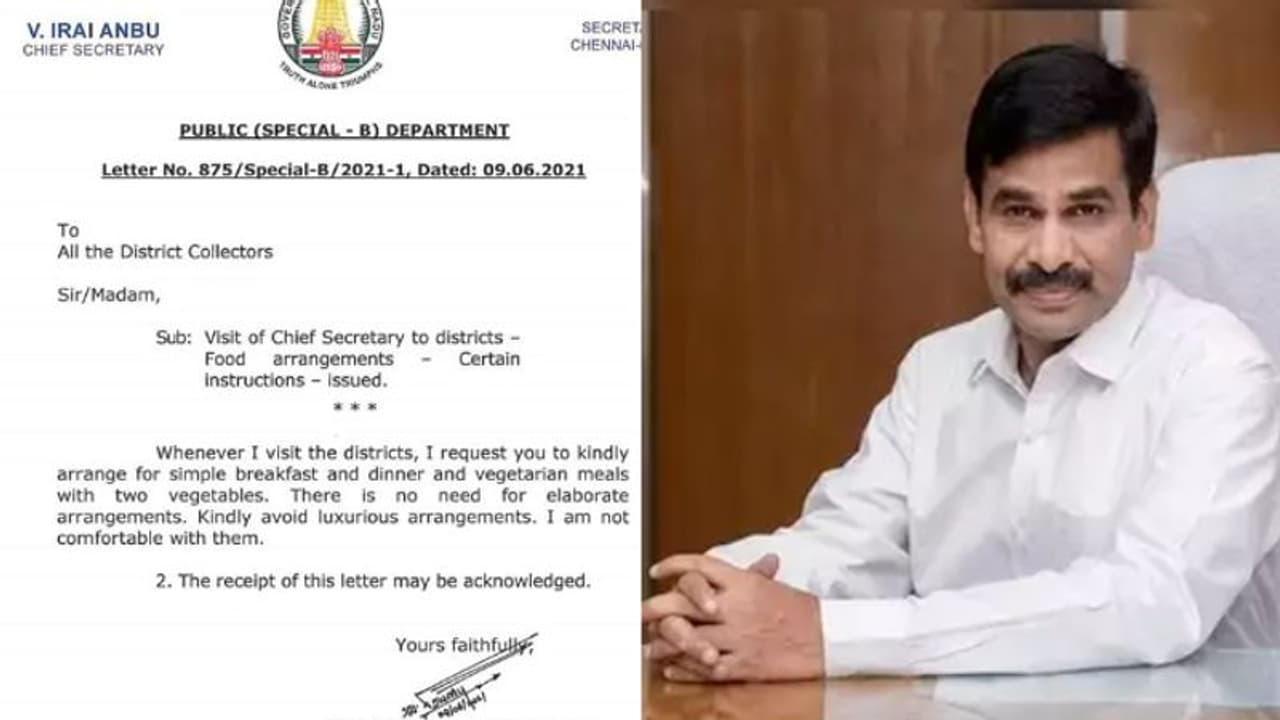 ജില്ലാ സന്ദര്‍ശനത്തിനിടയില്‍ ആഡംബര ഭക്ഷണം വേണ്ട; മാതൃകയായി തമിഴ്നാട് ചീഫ് സെക്രട്ടറി