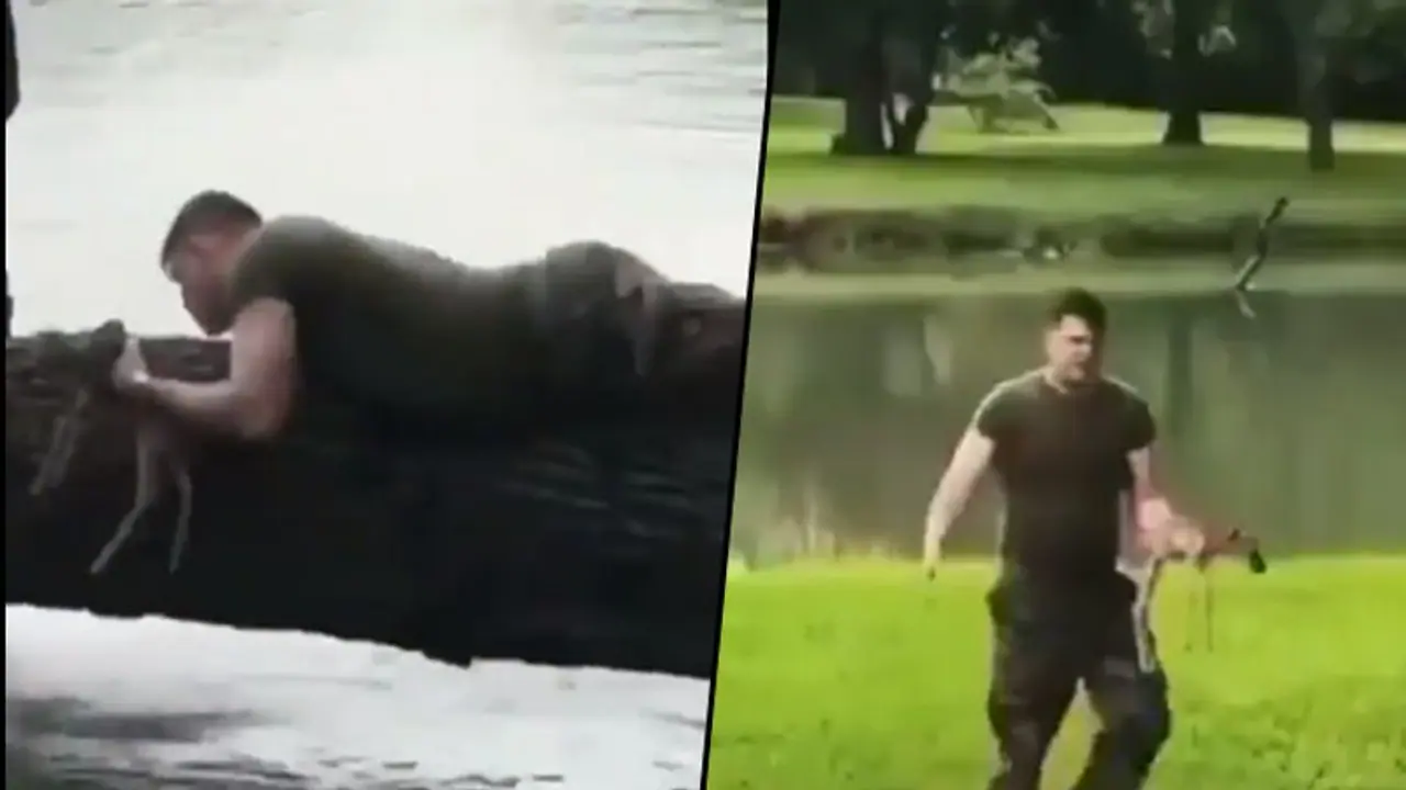 Soldier risks his life to rescue baby fawn from drowning; Watch Video Soldier risks his life to rescue baby fawn from drowning; Watch Video