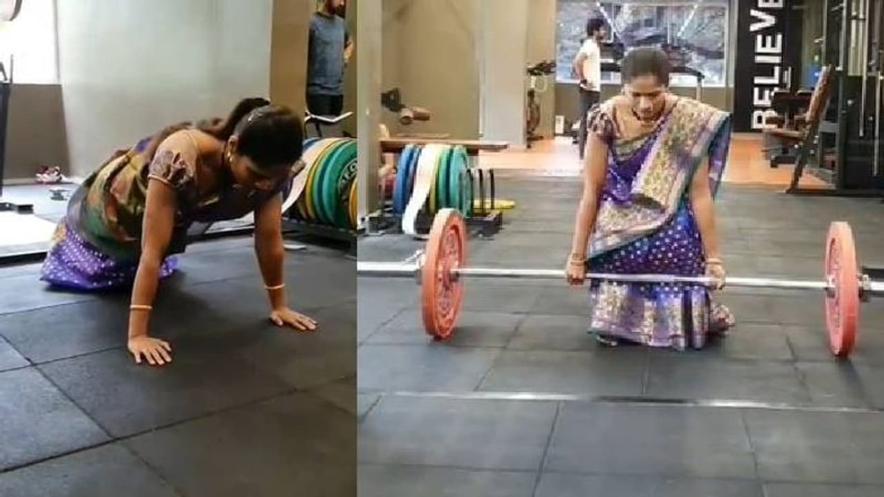 സാരിയില്‍ പുഷ് അപ് ചെയ്യുന്ന യുവതി; വീഡിയോ വൈറല്‍