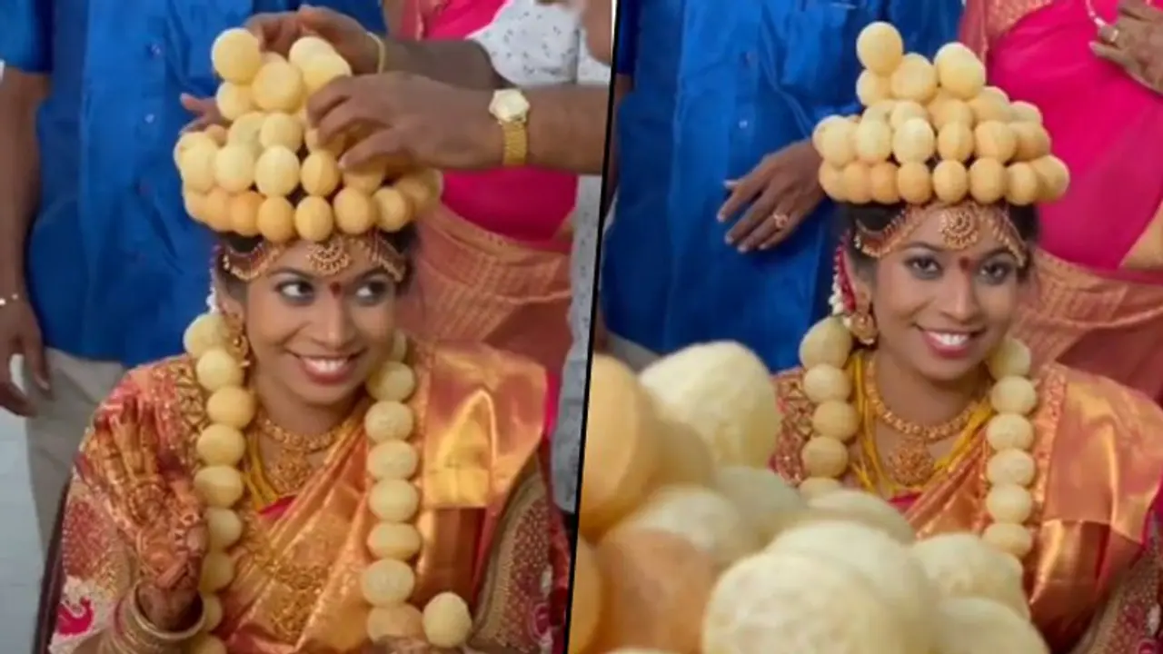 Bride wears golgappa crown on her wedding day, watch viral video Bride wears golgappa crown on her wedding day, watch viral video