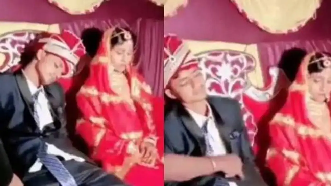 വധുവിന്‍റെ തോളിലേയ്ക്ക് ഉറങ്ങി വീഴുന്ന വരൻ; വൈറലായി വീഡിയോ...