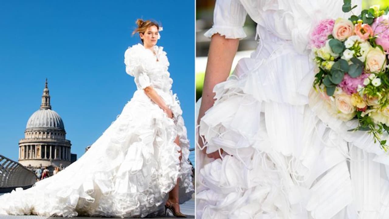 British designer creates a wedding gown out of 1,500 upcycled facemasks; leaves netizens amazed