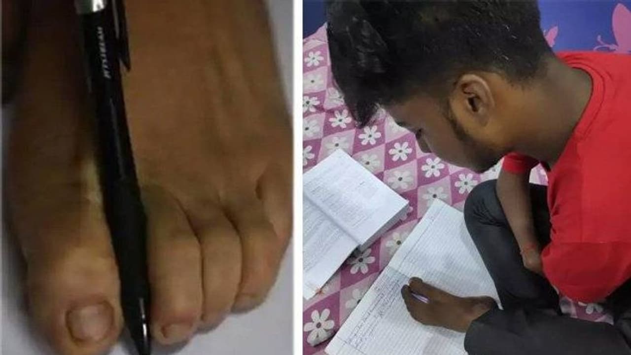 കൈകളില്ല, കാലുകൊണ്ട് പരീക്ഷയെഴുതി ഈ വിദ്യാർത്ഥി നേടിയ മാർക്ക് 70 ശതമാനം...