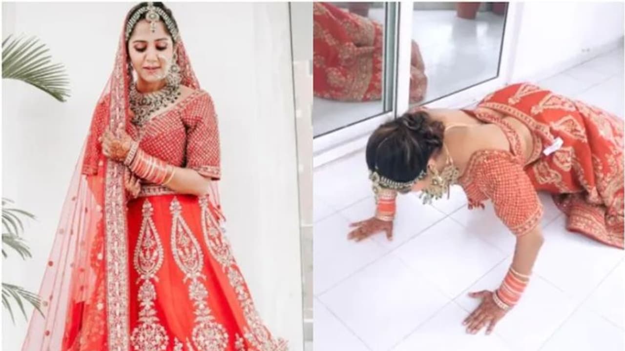ബ്രൈഡല്‍ ലെഹങ്കയില്‍ പുഷ്അപ് ചെയ്യുന്ന യുവതി; വൈറലായി വീഡിയോ