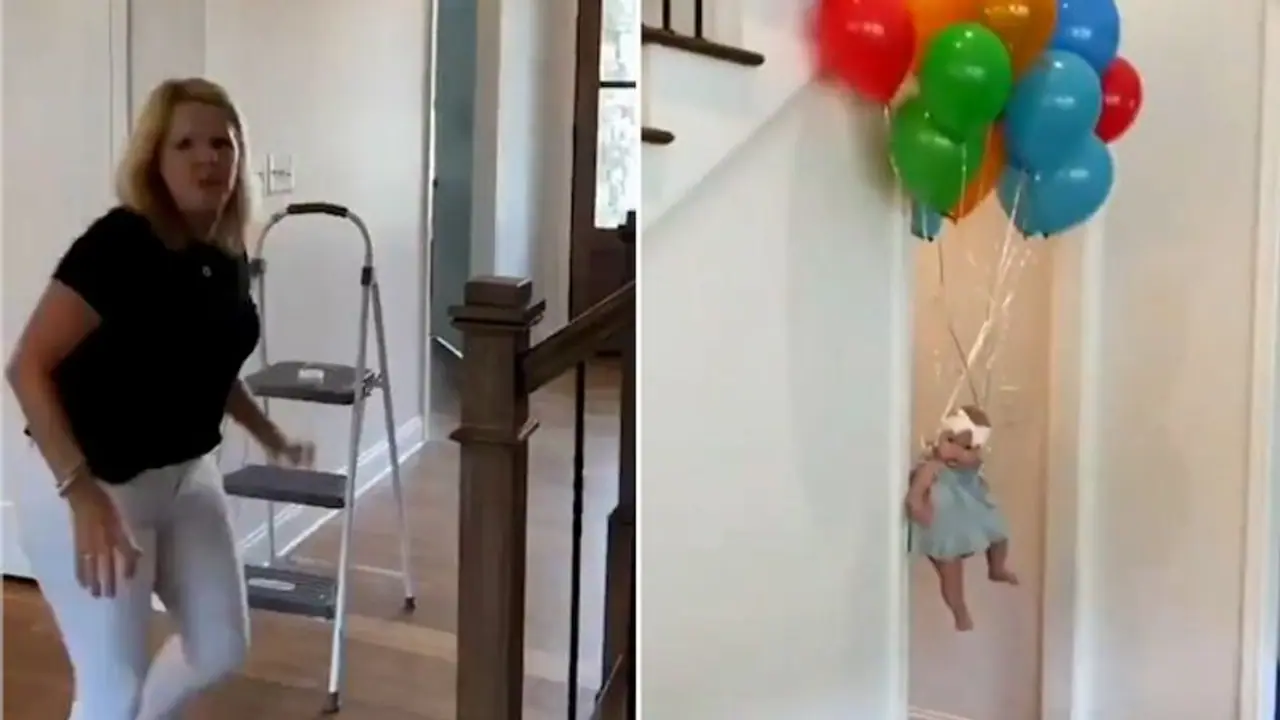 Woman gasps after watching baby in air with balloons; watch video to know what happened next