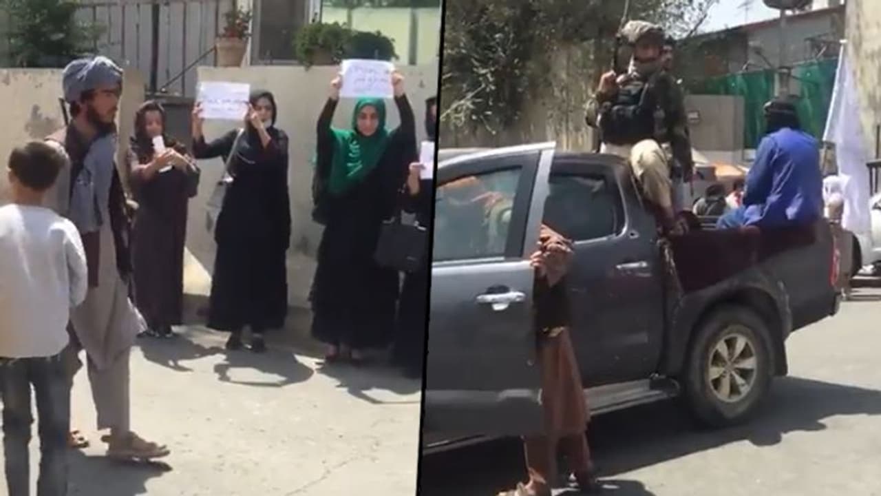 Group of women protest for their rights on Kabul streets in front of Taliban militants; watch video Group of women protest for their rights on Kabul streets in front of Taliban militants; watch video