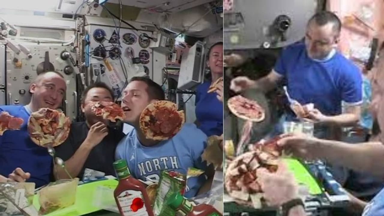 'ഒഴുകി നടക്കുന്ന പിസ' കഴിക്കുന്ന ബഹിരാകാശ യാത്രികര്; വൈറലായി വീഡിയോ 'ഒഴുകി നടക്കുന്ന പിസ' കഴിക്കുന്ന ബഹിരാകാശ യാത്രികര്; വൈറലായി വീഡിയോ