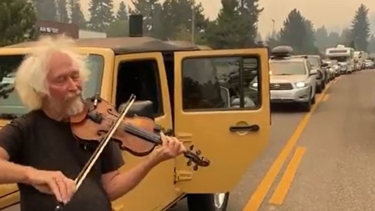 കാട്ടുതീ പടരുമ്പോള് നടുറോഡില് വയലിന് വായന; വൈറലായി വീഡിയോ കാട്ടുതീ പടരുമ്പോള് നടുറോഡില് വയലിന് വായന; വൈറലായി വീഡിയോ