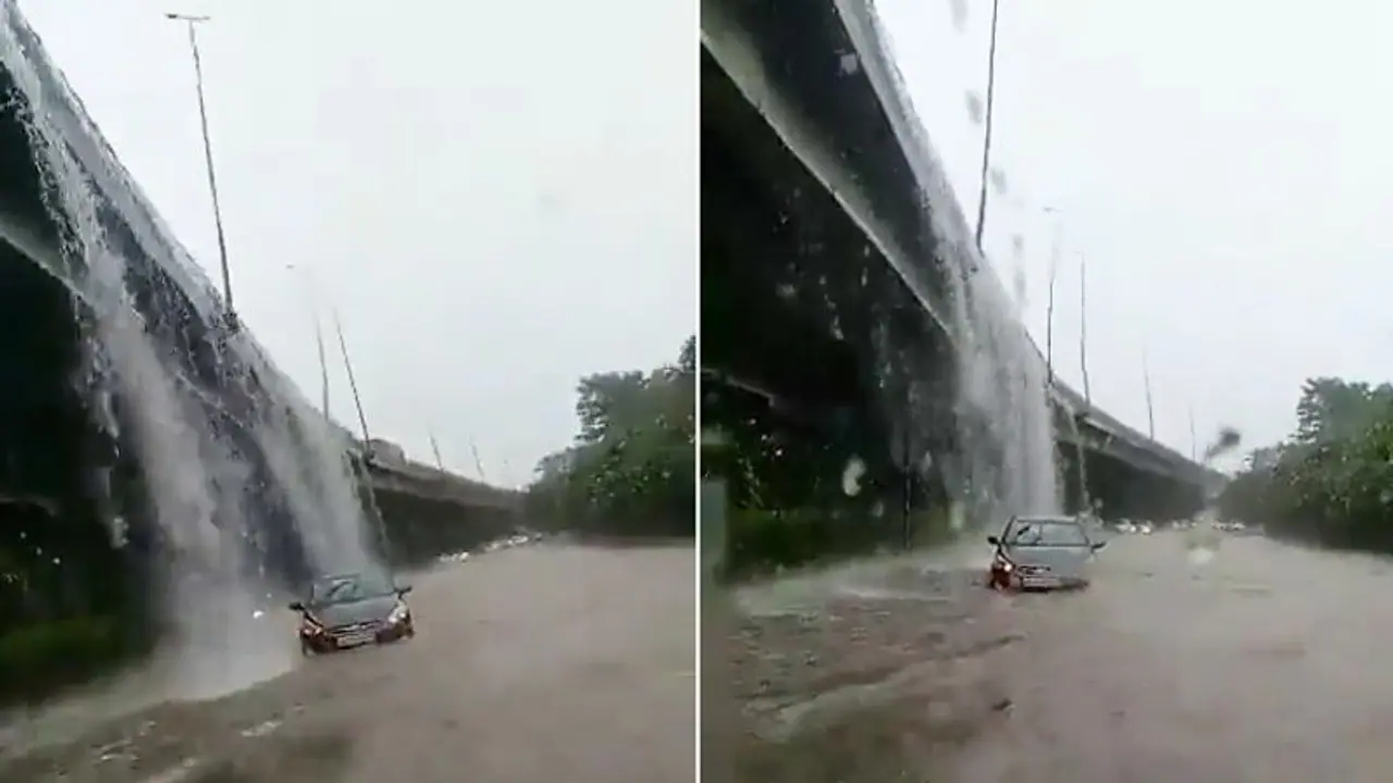 Delhi's waterfall flyover goes viral amid heavy rainfall; watch the video
