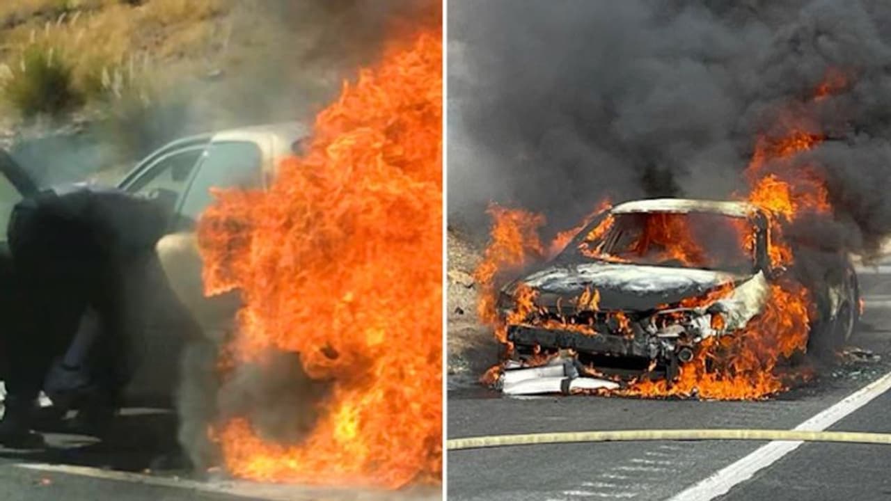 California: Elderly couples being rescued by bystanders from a burning car; watch nail biting video