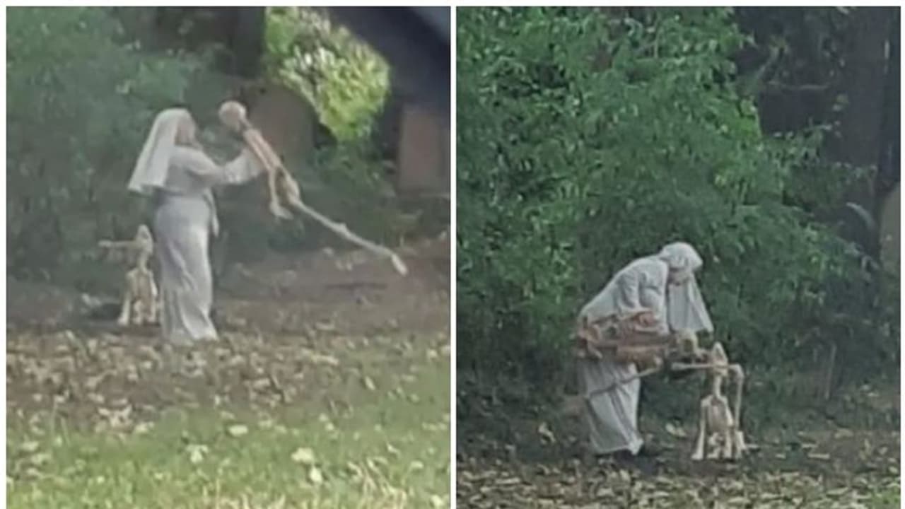 കന്യാസ്ത്രീയുടെ വേഷത്തില്‍ സെമിത്തേരിയിലെത്തി, അസ്ഥികൂടത്തിനൊപ്പം നൃത്തം ചെയ്ത് ഒരു സ്ത്രീ; വെെറലായി ചിത്രം