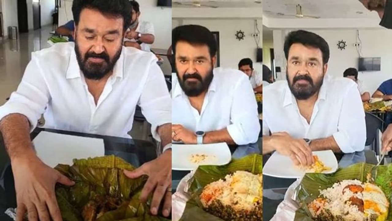 നാടന്‍ പൊതിച്ചോറ് രുചിയോടെ കഴിക്കുന്ന മോഹൻലാൽ; വീഡിയോ