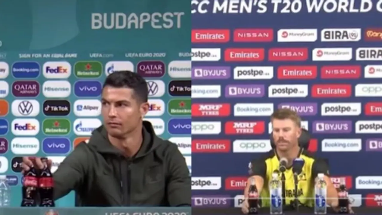 T20 World Cup 2021: David Warner attempts a Cristiano Ronaldo, tries removing Coca Cola bottles (WATCH)