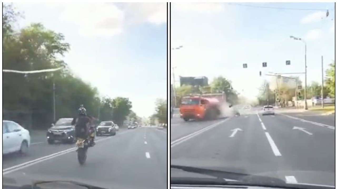 బైక్ స్టంట్.. ముందు టైర్ గాలిలో.. దూసుకెళ్లి ట్యాంకర్ను ఢీకొట్టిన బైకర్.. వీడియో వైరల్ బైక్ స్టంట్.. ముందు టైర్ గాలిలో.. దూసుకెళ్లి ట్యాంకర్ను ఢీకొట్టిన బైకర్.. వీడియో వైరల్