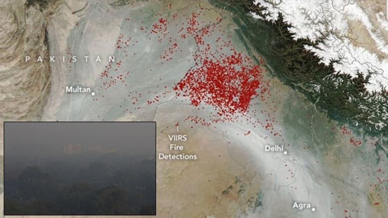 Delhi pollution: AQI अभी भी खराब कैटेगरी में; NASA ने खींची पराली जलाने से दिल्ली की ओर बढ़ते धुएं की तस्वीर Delhi pollution: AQI अभी भी खराब कैटेगरी में; NASA ने खींची पराली जलाने से दिल्ली की ओर बढ़ते धुएं की तस्वीर