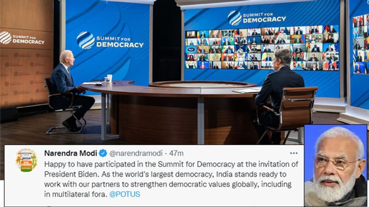 Summit for Democracy: मोदी ने किया tweet भारत डेमोक्रेटिक वैल्यूज की मजबूती के लिए साथ में काम करने को तैयार Summit for Democracy: मोदी ने किया tweet भारत डेमोक्रेटिक वैल्यूज की मजबूती के लिए साथ में काम करने को तैयार