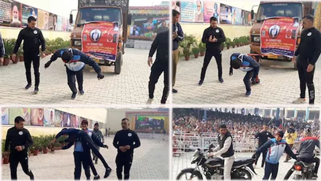 हैरतंगेज करतब: हरियाणा में पहलवान ने 4 टन के ट्रक को कानों से खींचा, फिर 40 किलो वेट दांतो से दबाकर दौड़ा हैरतंगेज करतब: हरियाणा में पहलवान ने 4 टन के ट्रक को कानों से खींचा, फिर 40 किलो वेट दांतो से दबाकर दौड़ा