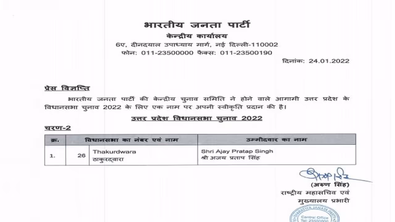 ठाकुरद्वारा विधानसभा से भाजपा ने अजय प्रताप सिंह को बनाया प्रत्याशी