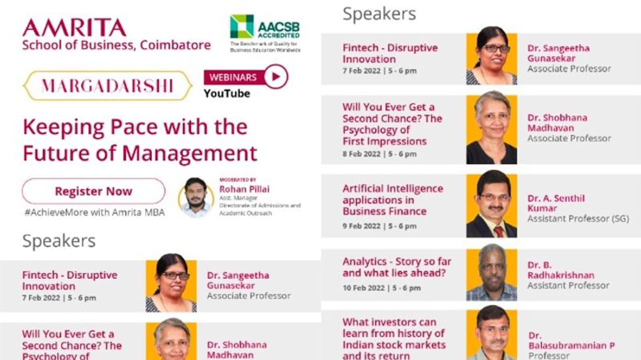 Free webinar : മാനേജ്മെന്റ് വിദ്യാഭ്യാസവും സാധ്യതകളും; സൗജന്യ ഓൺലൈൻ വെബിനാറുമായി അമൃത സ്കൂൾ ഓഫ് ബിസിനസ് Free webinar : മാനേജ്മെന്റ് വിദ്യാഭ്യാസവും സാധ്യതകളും; സൗജന്യ ഓൺലൈൻ വെബിനാറുമായി അമൃത സ്കൂൾ ഓഫ് ബിസിനസ്