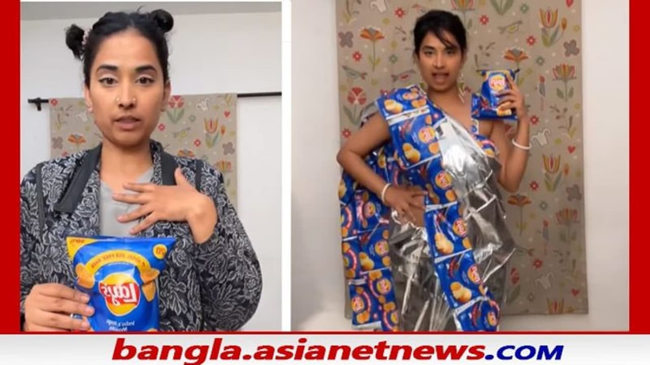 খালি চিপসের প্যাটেক দিয়ে শাড়ি, তরুণীর উদ্ভট খেয়াল নজর কাড়ল নেটিজেনদের