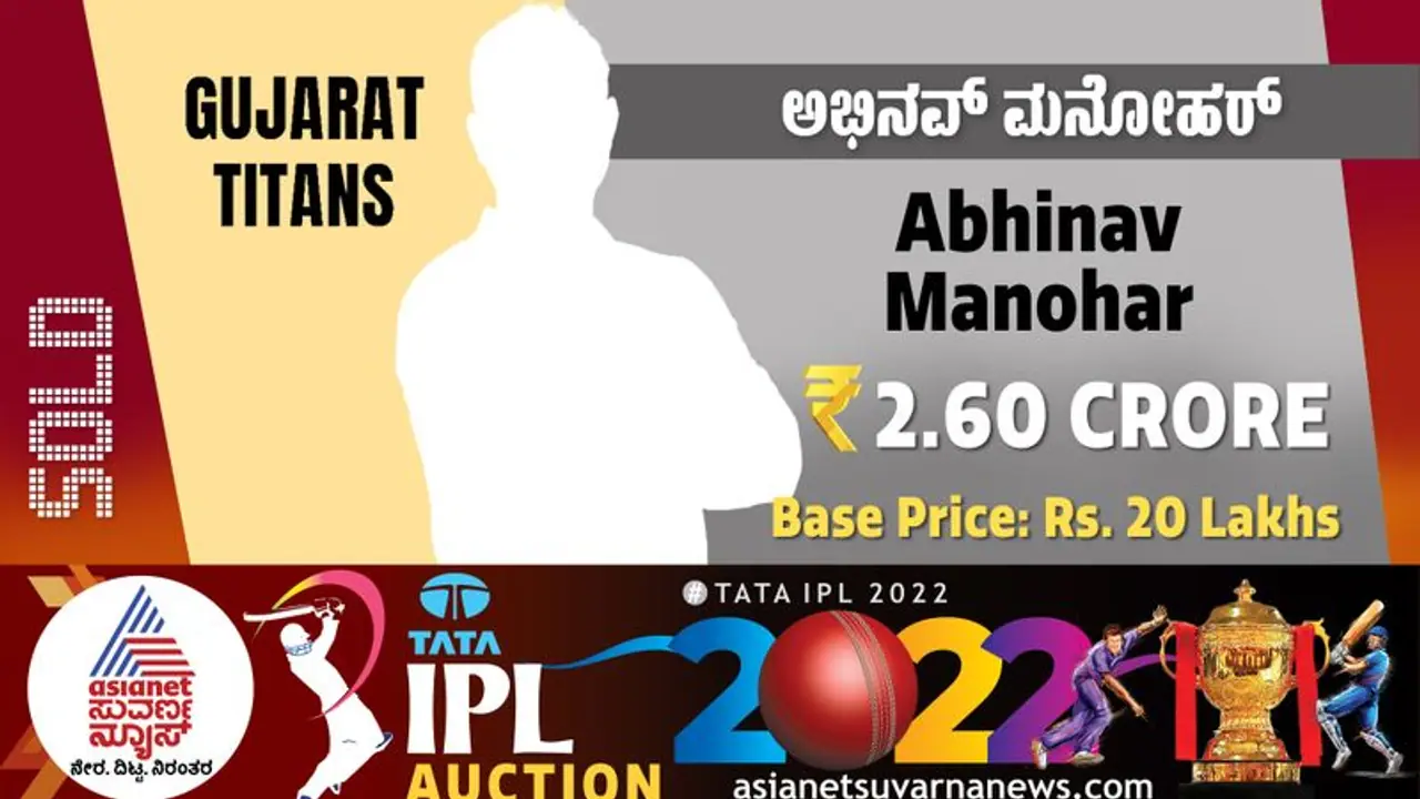 IPL Auction 2022 ಕನ್ನಡಿಗ ಅಭಿನವ್ಗೆ ಜಾಕ್ಪಾಟ್, 2.6 ಕೋಟಿಗೆ ಗುಜರಾತ್ ಪಾಲು! IPL Auction 2022 ಕನ್ನಡಿಗ ಅಭಿನವ್ಗೆ ಜಾಕ್ಪಾಟ್, 2.6 ಕೋಟಿಗೆ ಗುಜರಾತ್ ಪಾಲು!
