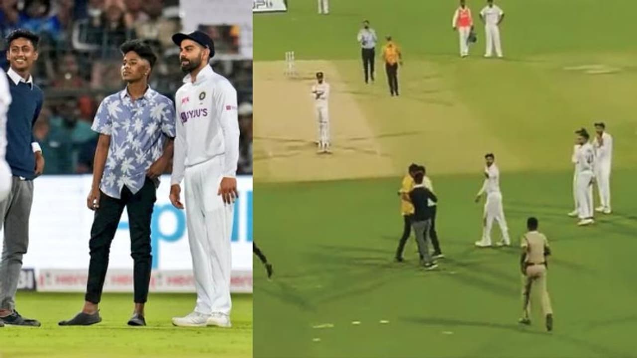 Pink Ball Test: ಭದ್ರತೆ ಉಲ್ಲಂಘಿಸಿ ಕೊಹ್ಲಿ ಜತೆ ಫೋಟೋ ಕ್ಲಿಕ್ಕಿಸಿಕೊಂಡಿದ್ದ 4 ಅಭಿಮಾನಿಗಳು ಆರೆಸ್ಟ್! Pink Ball Test: ಭದ್ರತೆ ಉಲ್ಲಂಘಿಸಿ ಕೊಹ್ಲಿ ಜತೆ ಫೋಟೋ ಕ್ಲಿಕ್ಕಿಸಿಕೊಂಡಿದ್ದ 4 ಅಭಿಮಾನಿಗಳು ಆರೆಸ್ಟ್!