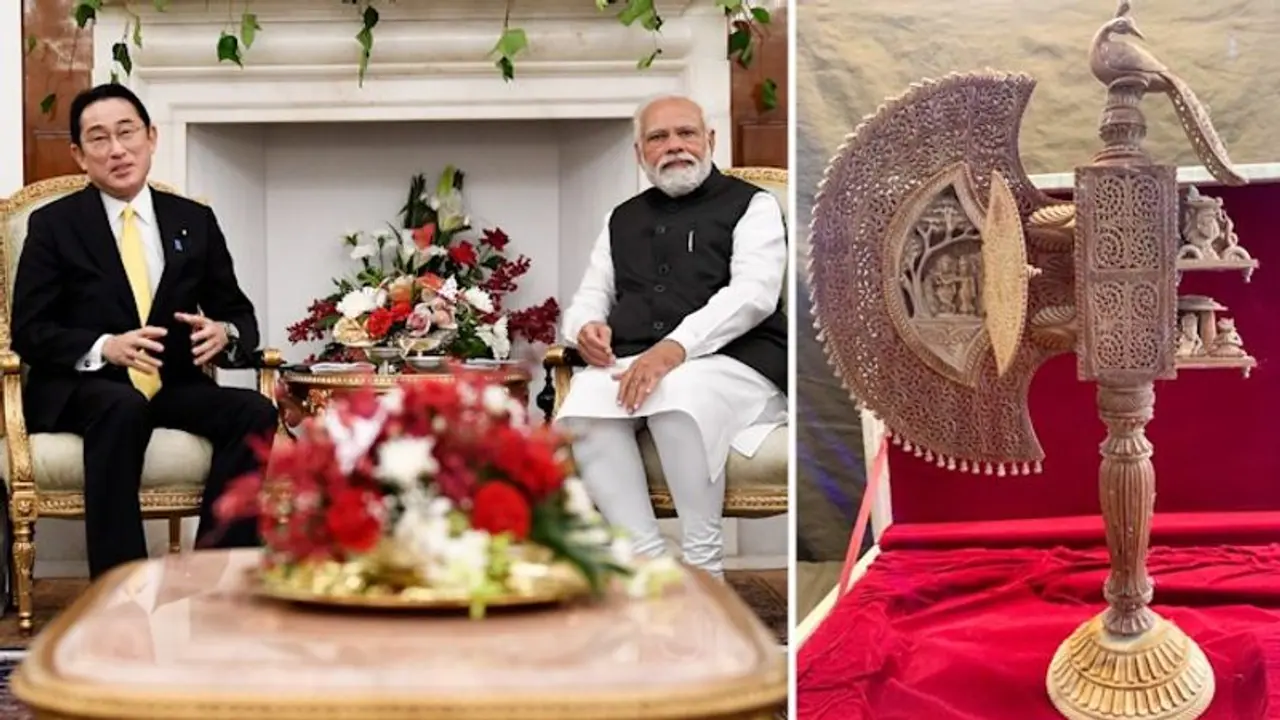 PM Modi gifts sandalwood artefact 'Krishna Pankhi' to Japanese counterpart Fumio Kishida PM Modi gifts sandalwood artefact 'Krishna Pankhi' to Japanese counterpart Fumio Kishida