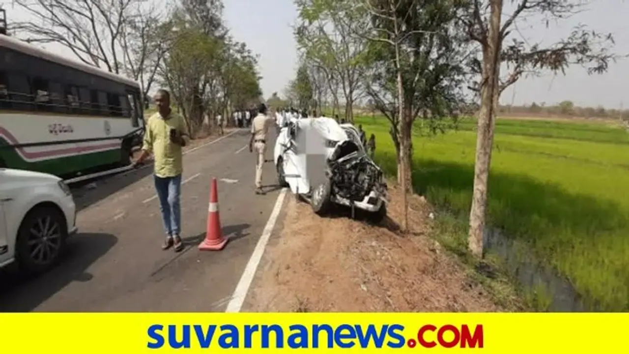 ಟೈರ್‌ ಸ್ಫೋಟಗೊಂಡು ಕಾರಿಗೆ ಗುದ್ದಿದ ಬಸ್‌: ಐವರ ದಾರುಣ ಸಾವು