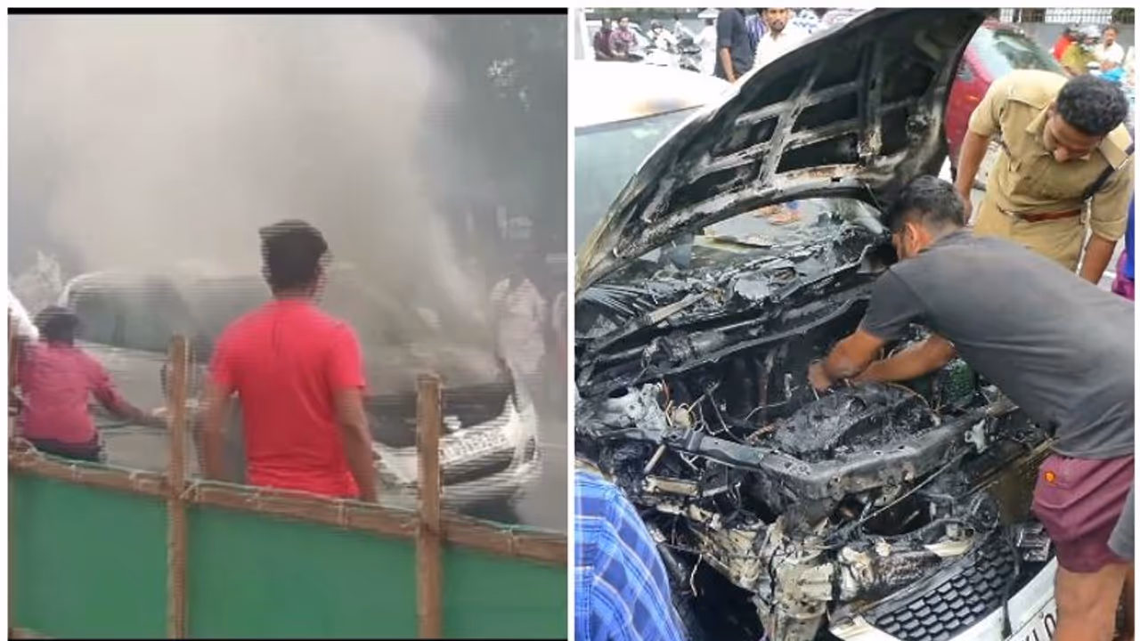 തൃശൂരിൽ ട്രക്കറുമായി കൂട്ടിയിടിച്ച കാറിന് തീപിടിച്ചു തൃശൂരിൽ ട്രക്കറുമായി കൂട്ടിയിടിച്ച കാറിന് തീപിടിച്ചു