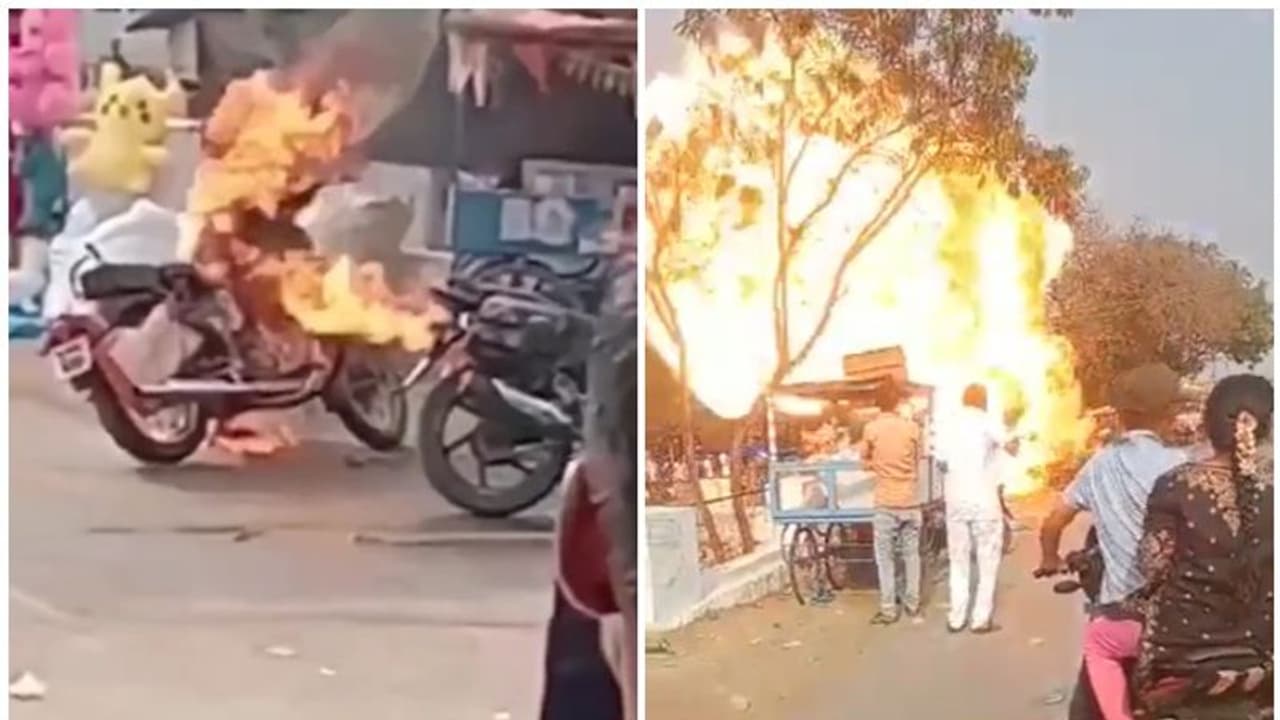 ఏపీలో పేలిన బుల్లెట్ బండి.. పూజ కోసం ఆలయం బయట పార్క్ చేయగానే రాయల్ ఎన్‌ఫీల్డ్‌లో మంటలు.. (వైరల్ వీడియో)