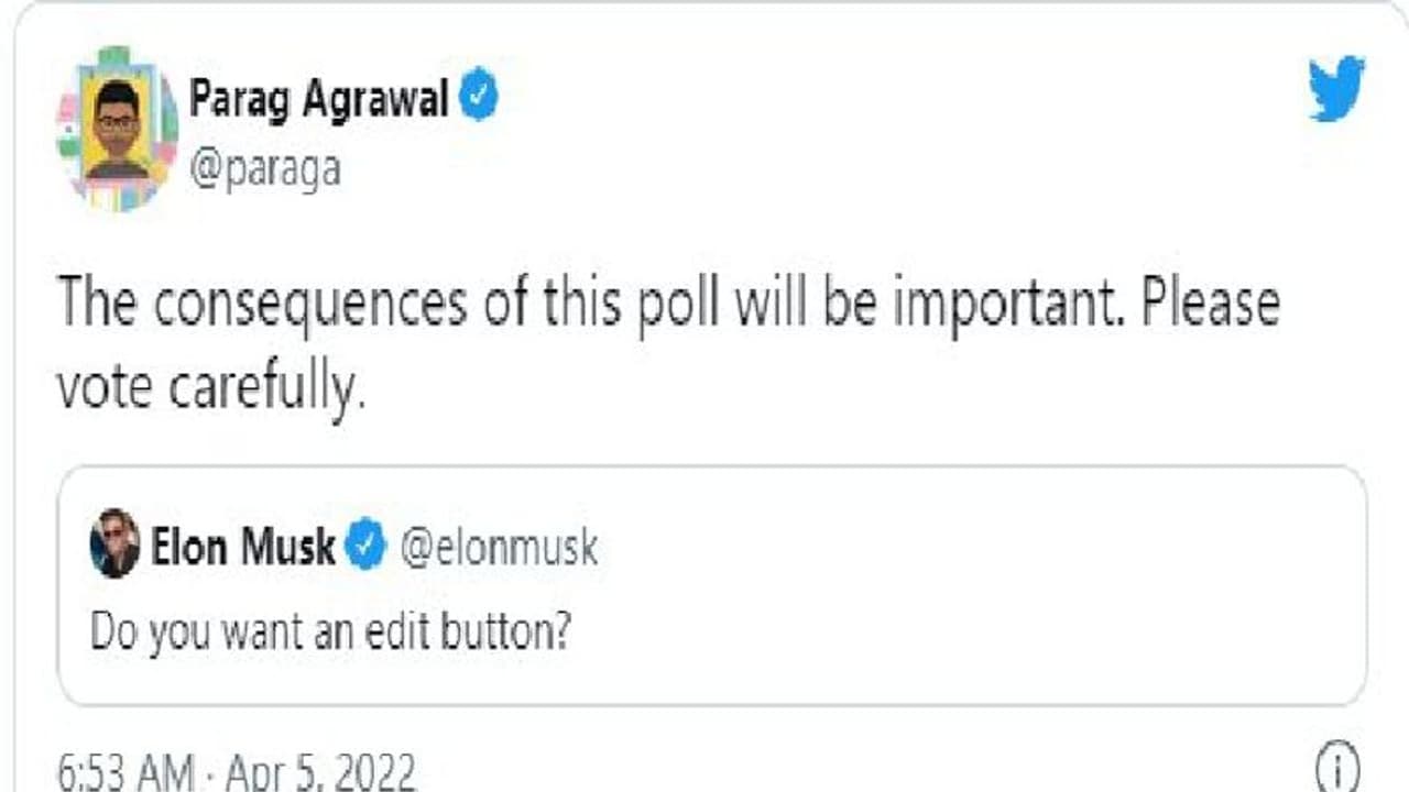 Elon Musk Edit Button Poll: ఎలాన్ మస్క్తో జాగ్రత్త అంటున్న ట్విట్టర్ సీఈవో.. ఎందుకంటే..? Elon Musk Edit Button Poll: ఎలాన్ మస్క్తో జాగ్రత్త అంటున్న ట్విట్టర్ సీఈవో.. ఎందుకంటే..?