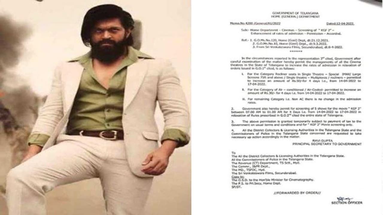 Kgf2 Ticket Rates : కేజీఎఫ్ 2కి తెలంగాణ ప్రభుత్వం గుడ్ న్యూస్.. టికెట్ రేట్స్ హైక్ చేస్తూ పర్మిషన్.. Kgf2 Ticket Rates : కేజీఎఫ్ 2కి తెలంగాణ ప్రభుత్వం గుడ్ న్యూస్.. టికెట్ రేట్స్ హైక్ చేస్తూ పర్మిషన్..