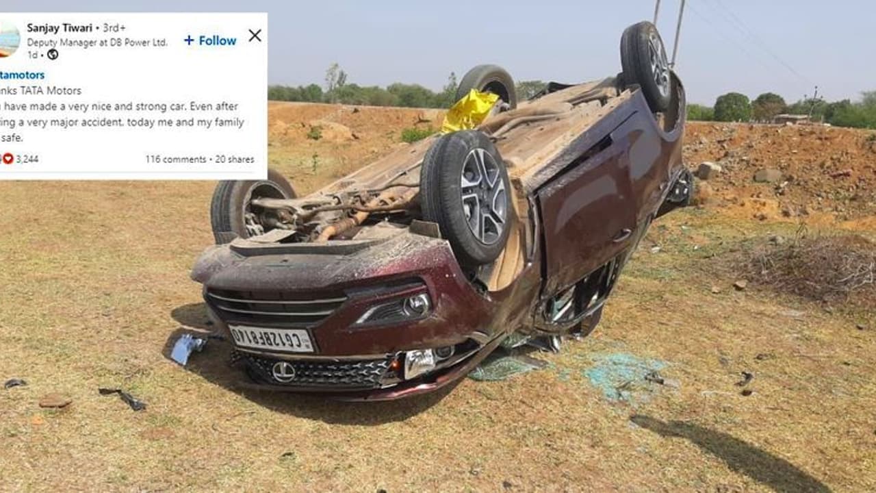 തലകുത്തി മറിഞ്ഞ് ടിഗോര്‍, ടാറ്റയ്ക്ക് നന്ദി പറഞ്ഞ് ഉടമയും യാത്രികരും!