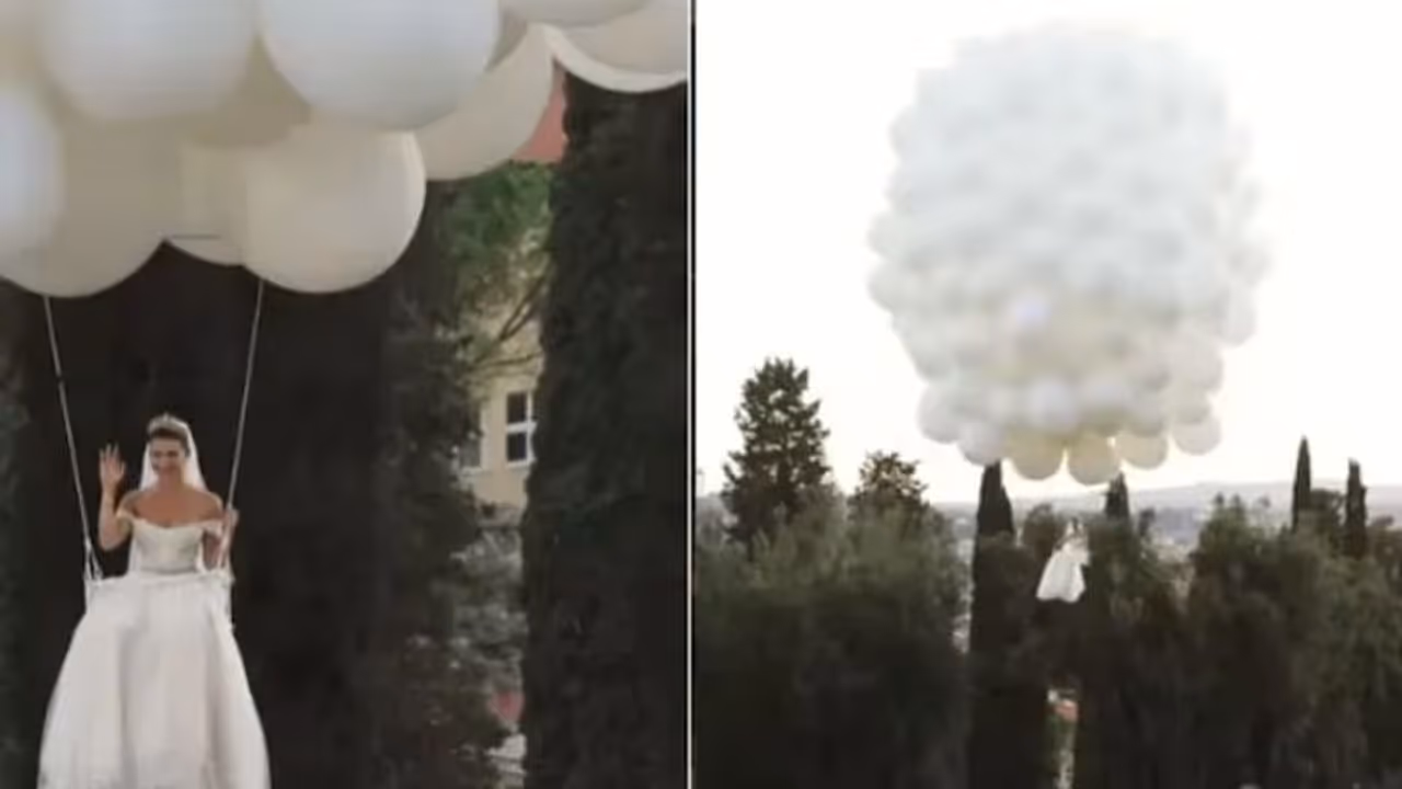 నవ వధువుకు 250 బెలూన్లు కట్టి గాల్లోకి.. ఎగురుతూ వేదికపైకి చేరిన పెళ్లికూతురు, వీడియో వైరల్