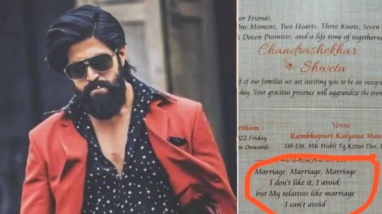 KGF 2:'മാര്യേജ്.. മാര്യേജ്.. മാര്യേജ്.. ഐ ഡോണ്ട് ലൈക് ഇറ്റ്'; വൈറലായി കെജിഎഫ് ആരാധകന്റെ കല്യാണക്കത്ത് KGF 2:'മാര്യേജ്.. മാര്യേജ്.. മാര്യേജ്.. ഐ ഡോണ്ട് ലൈക് ഇറ്റ്'; വൈറലായി കെജിഎഫ് ആരാധകന്റെ കല്യാണക്കത്ത്