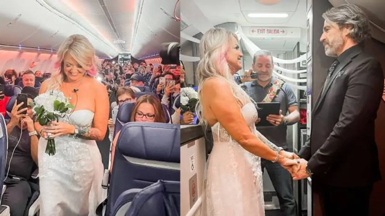 நடுவானில் விசித்திரம்.... விமானத்தில் நடைபெற்ற திருமணம்... வைரல் ஆகும் புகைப்படங்கள்..