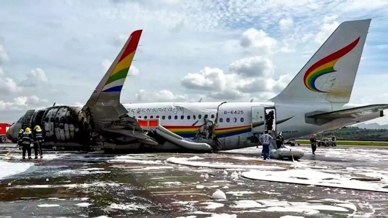 Watch: Tibet Airlines' flight skids off runway, catches fire; minor injuries reported