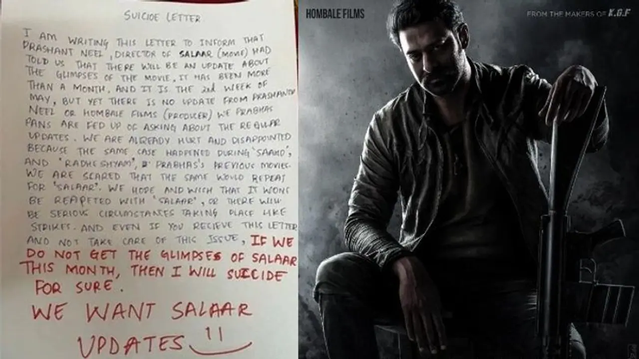 ‘సలార్’ అప్డేట్స్ రాకపోతే ప్రాణం తీసుకుంటా : ప్రభాస్ ఫ్యాన్.. వైరల్ అవుతున్న సూసైడ్ లెటర్ ‘సలార్’ అప్డేట్స్ రాకపోతే ప్రాణం తీసుకుంటా : ప్రభాస్ ఫ్యాన్.. వైరల్ అవుతున్న సూసైడ్ లెటర్