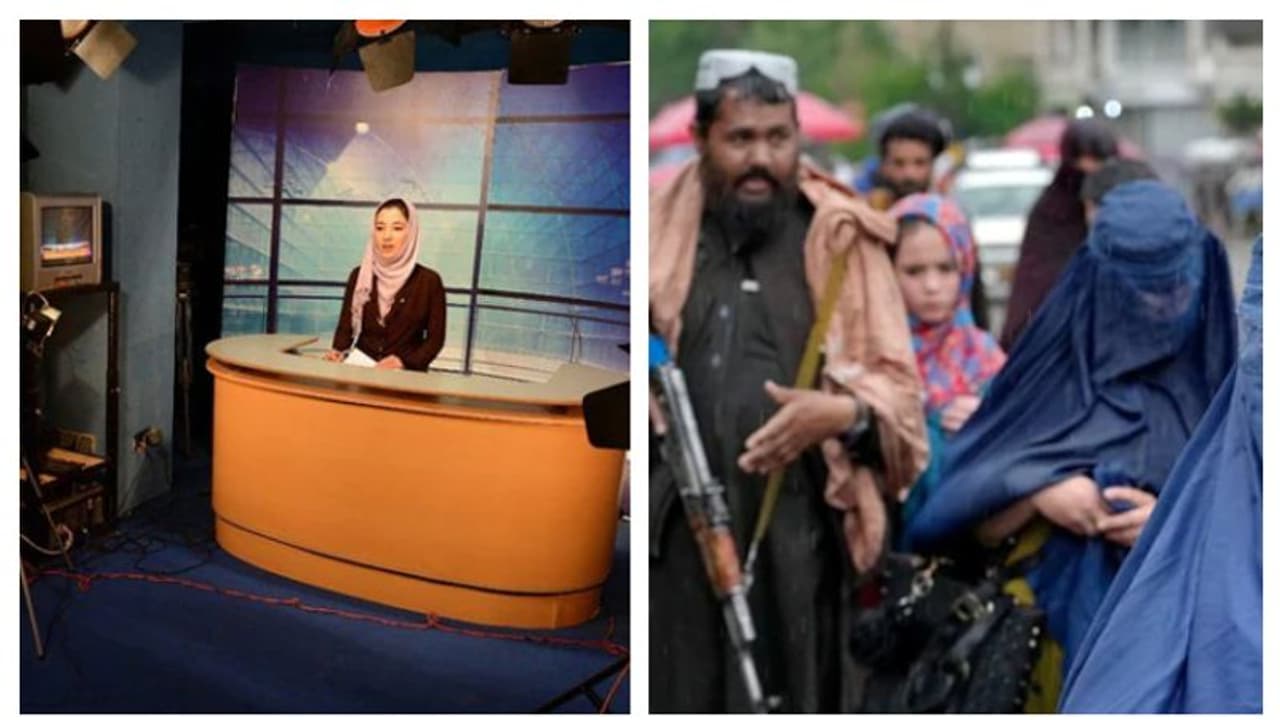 കണ്ണുരുട്ടി താലിബാൻ; അഫ്​ഗാനിലെ ടെലിവിഷൻ വനിതാ അവതാകർ പരിപാടി അവതരിപ്പിച്ചത് മുഖം മറച്ച്