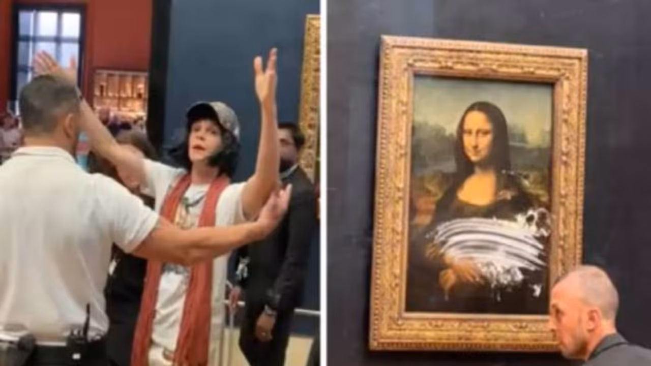 വൃദ്ധയുടെ വേഷം ധരിച്ച് വീൽചെയറിലെത്തി, മൊണാലിസ പെയിന്റിംഗിൽ കേക്ക് പുരട്ടി, ഞെട്ടി സന്ദർശകര് വൃദ്ധയുടെ വേഷം ധരിച്ച് വീൽചെയറിലെത്തി, മൊണാലിസ പെയിന്റിംഗിൽ കേക്ക് പുരട്ടി, ഞെട്ടി സന്ദർശകര്