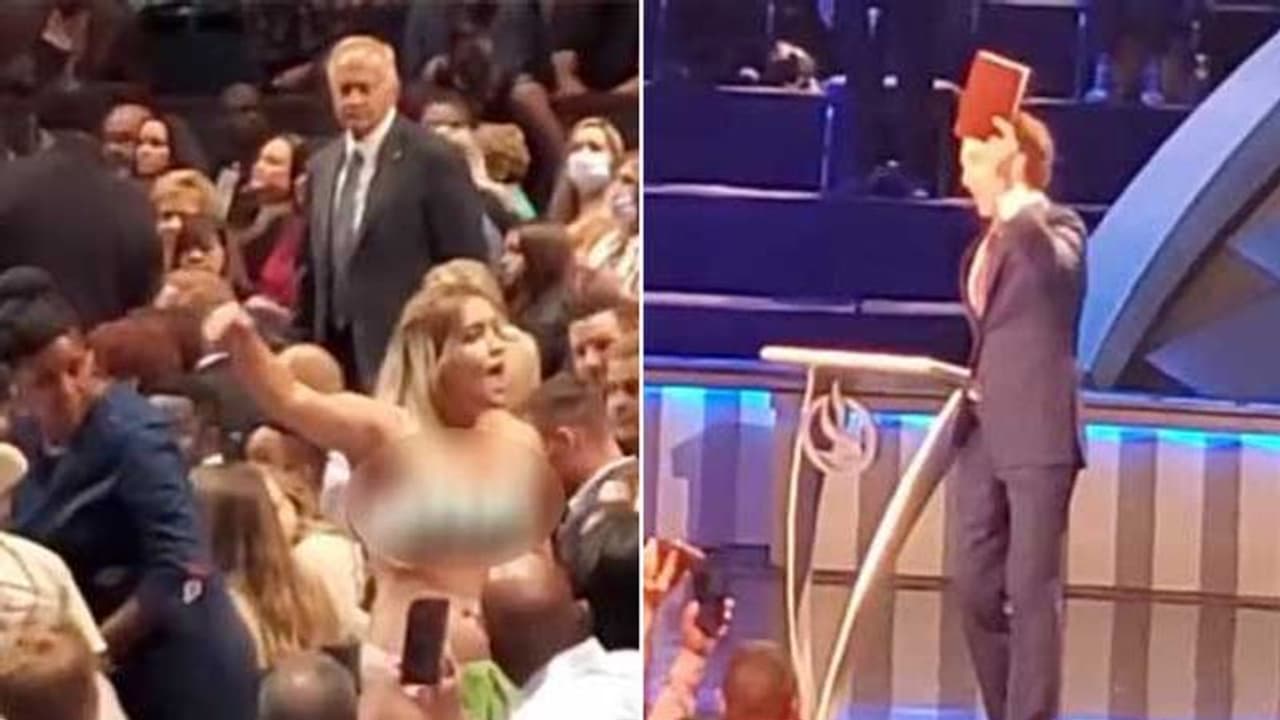 സുവിശേഷ പരിപാടിക്കിടെ തുണിയുരിഞ്ഞു, അടിവസ്ത്രങ്ങളുമായി സ്ത്രീകളുടെ പ്രതിഷേധം