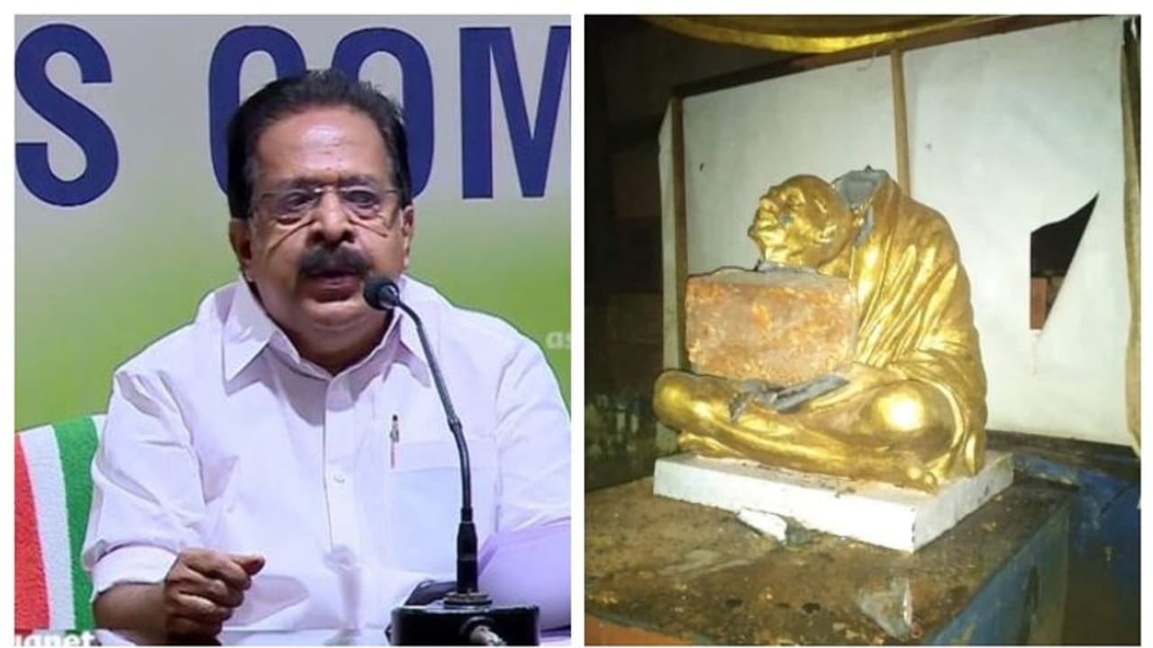 'പിണറായി സ്വര്‍ണ്ണക്കടത്ത് നടത്തിയതിന് ഗാന്ധിജി എന്തുപിഴച്ചു': ഗാന്ധിപ്രതിമ തകര്‍ത്തതില്‍ ചെന്നിത്തല