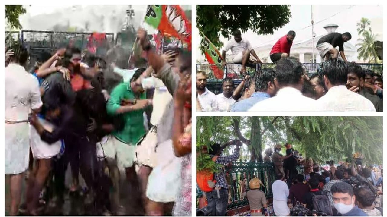തലസ്ഥാനത്ത് സംഘര്‍ഷം; യുവമോര്‍ച്ചയുടെ സെക്രട്ടറിയേറ്റ് മാര്‍ച്ചില്‍ ഉന്തും തള്ളും,ജലപീരങ്കി പ്രയോഗിച്ച് പൊലീസ്